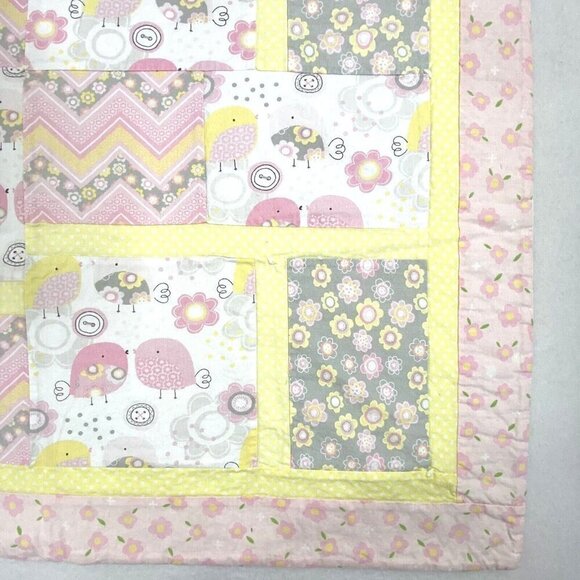 Crib Quilt Handmade Baby Birds Cotton Fabrics Patchwork 32 x 43 Pink Yellow - Picture 5 of 6